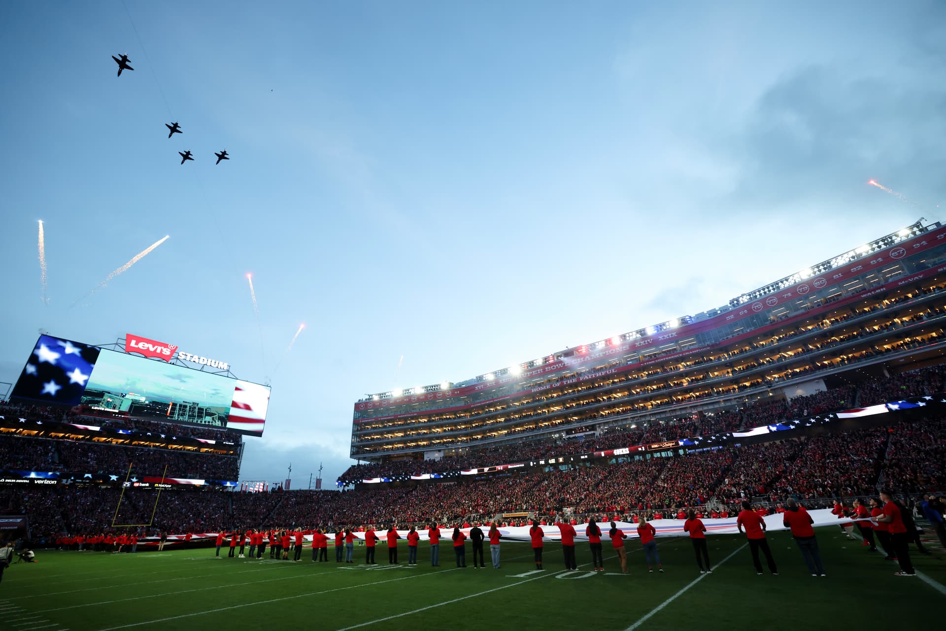 Ezra Shaw/Getty Images Jets perform a flyover at Levi's Stadium at Santa Clara, California, site of Super Bowl LX to be played on January 3, 2026.