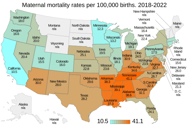 US Centers for Disease Control and Prevention via Wikimedia Commons American maternal mortality rates per 100,000 births by state, 2018-2022. US map.