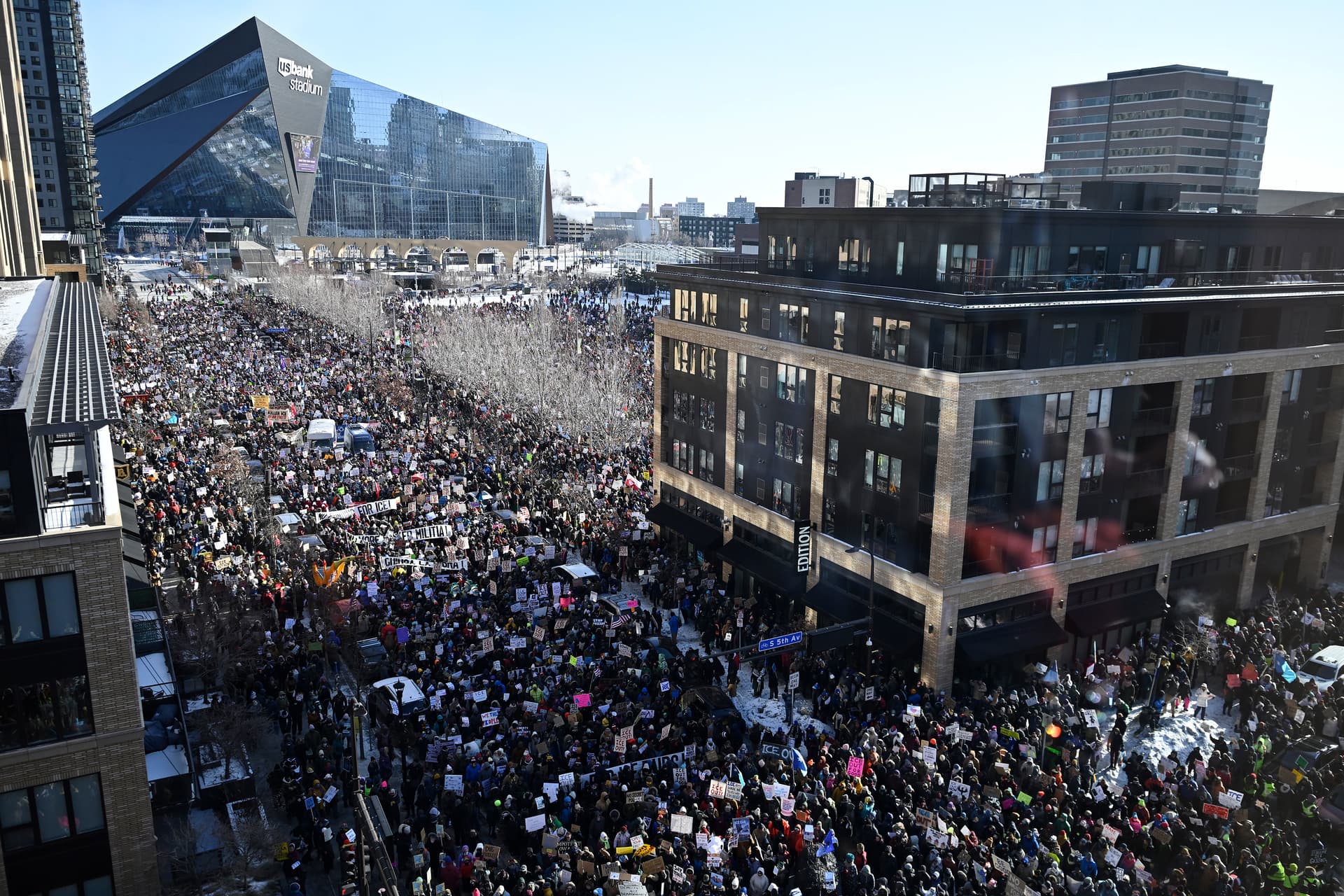 Stephen Maturen/Getty Images Demonstrators rally to demand that ICE withdraw from their city at Minneapolis, Minnesota, on January 23, 2026.