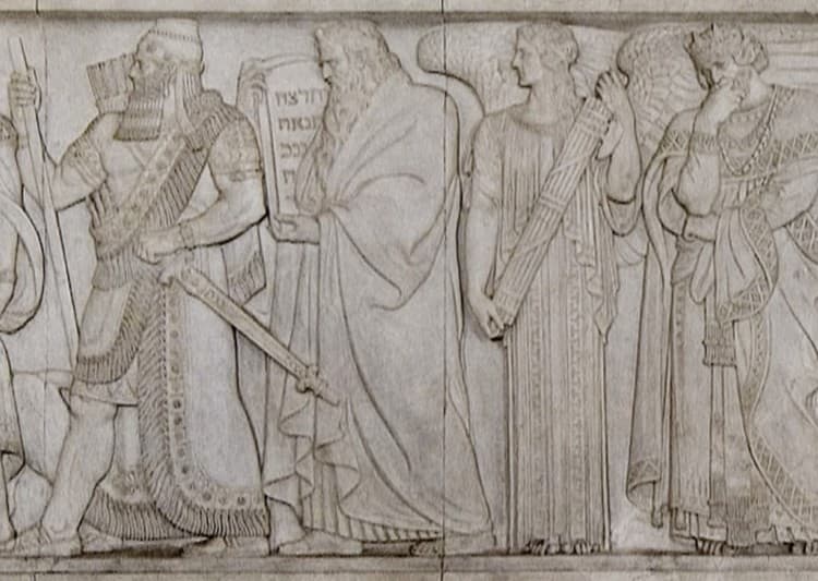 Via Wikimedia Commons A sculptural frieze within the chamber of the Supreme Court at Washington, D.C., depicts Moses holding the Ten Commandments.
