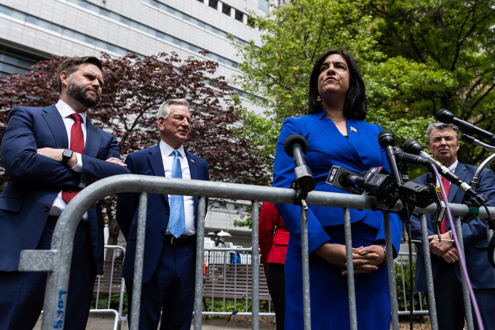 AP/Stefan Jeremiah Congresswoman Nicole Malliotakis, with J.D. Vance, speaks at a press conference across the street from the Manhattan criminal court, May 13, 2024.