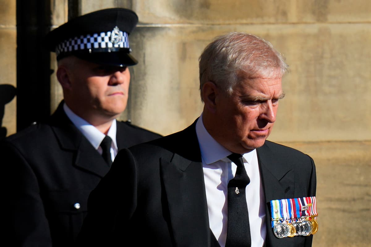 AP/Petr David Josek Andrew Mountbatten-Windsor leaves St. Giles Cathedral after the arrival of the coffin containing the remains of his mother Queen Elizabeth, at Edinburgh, Scotland, Sept. 12, 2022.