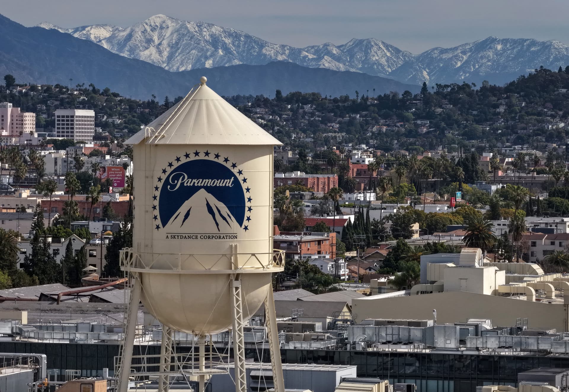 Justin Sullivan/Getty Images The Paramount logo appears on a water tower at Paramount Studios at Los Angeles, California, on February 23, 2026.