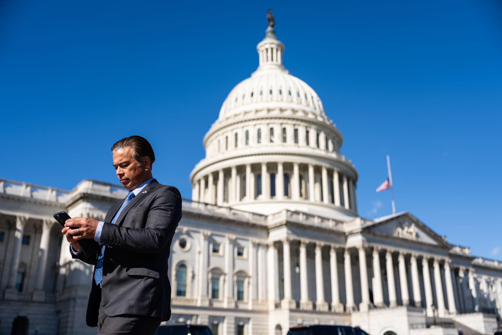 Eric Lee/Getty Images California’s attorney general, Rob Bonta, departs after participating in a committee hearing at the U.S. Capitol on November 6, 2025.