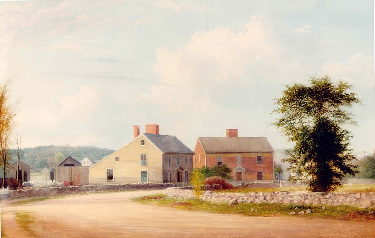 Via Wikimedia Commons The homes where Presidents John Adams and John Quincy Adams were born at Quincy, Massachusetts, in a 1849 oil painting by G.N. Frankenstein.
