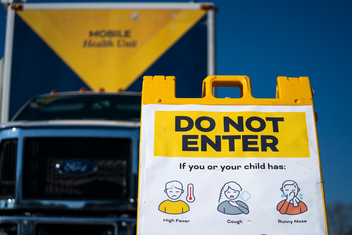 Sean Rayford/Getty Images A sign outside a mobile clinic offering free measles vaccinations on February 6, 2026 in Spartanburg, South Carolina.