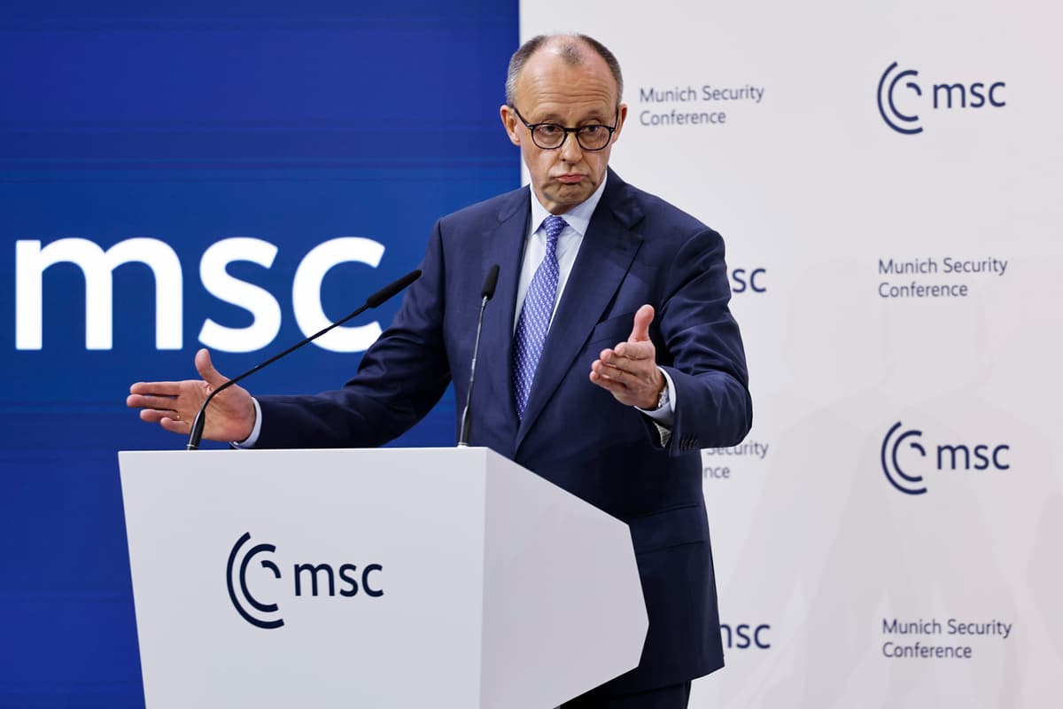 Johannes Simon/Getty Images Chancellor Friedrich Merz speaks on February 13, 2026 at Munich.