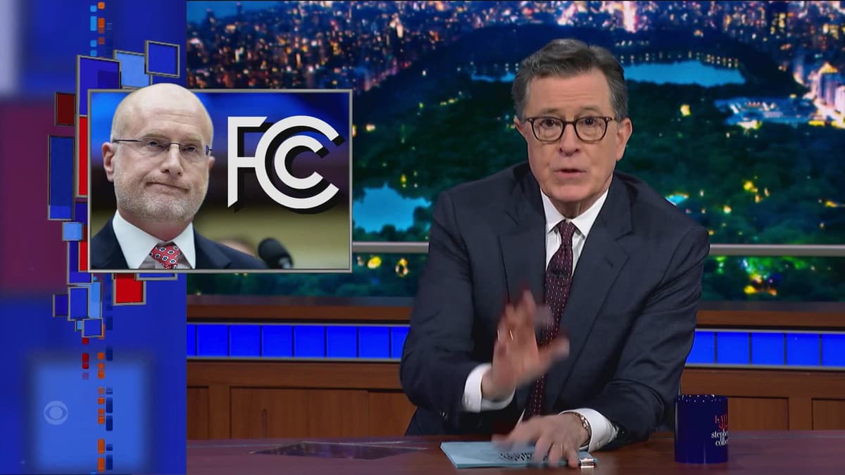 CBS Stephen Colbert is seen mocking President Trump's FCC chair, Brendan Carr.