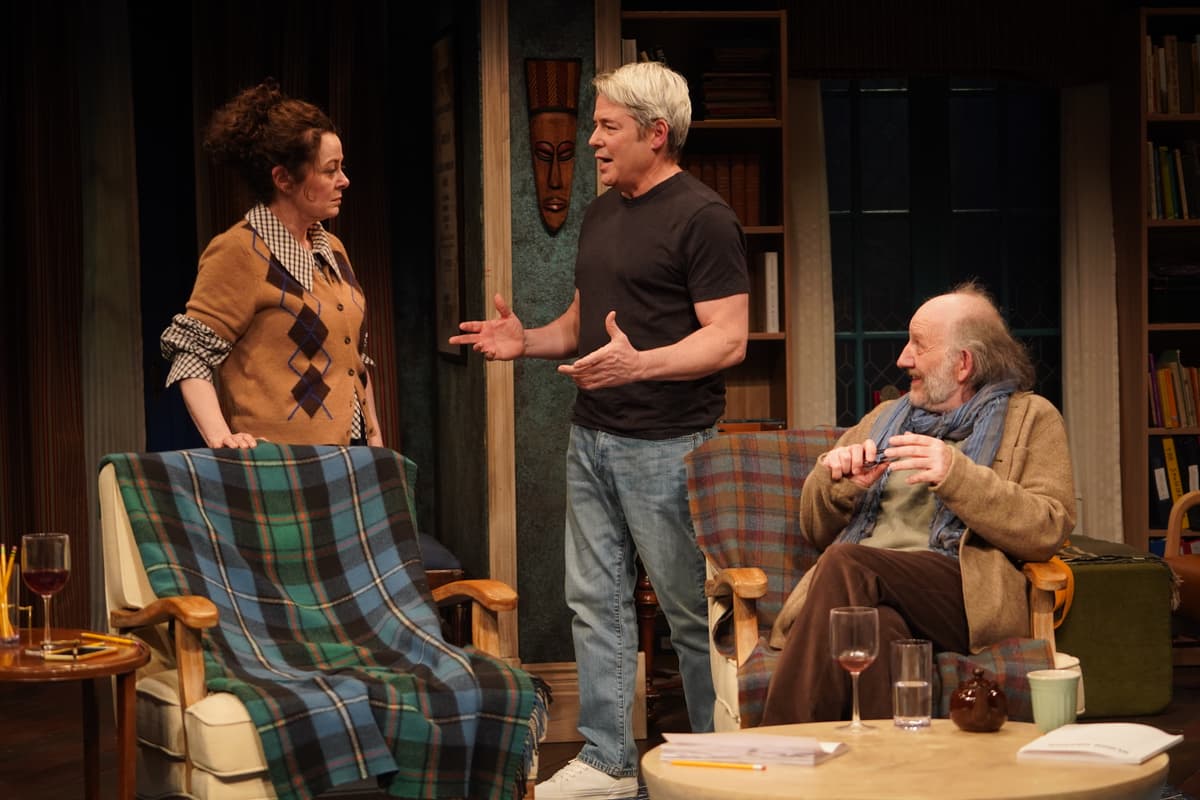 Carol Rosegg via Irish Repertory Theatre Geraldine Hughes, Matthew Broderick, and Max Baker in 'Ulster American,' 2026.
