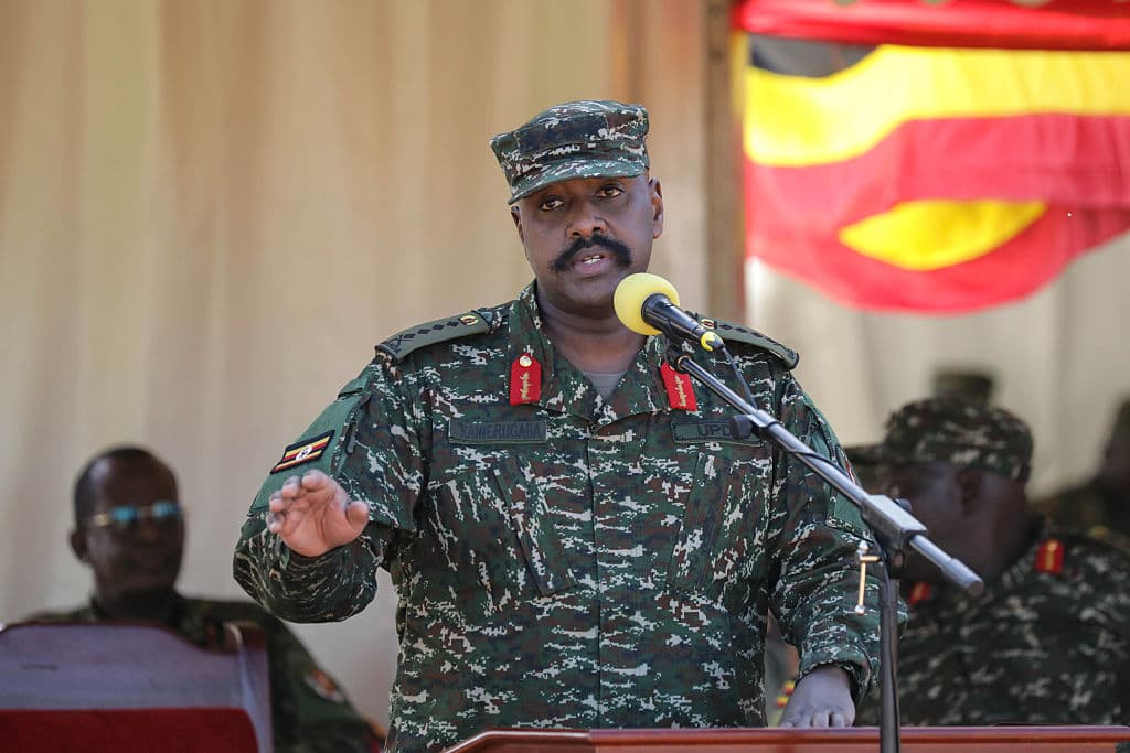 Hajarah Nalwadda/Getty Images General Muhoozi Kainerugaba, Uganda's Chief of Defense Forces speaking on May 13, 2025 at Kampala.