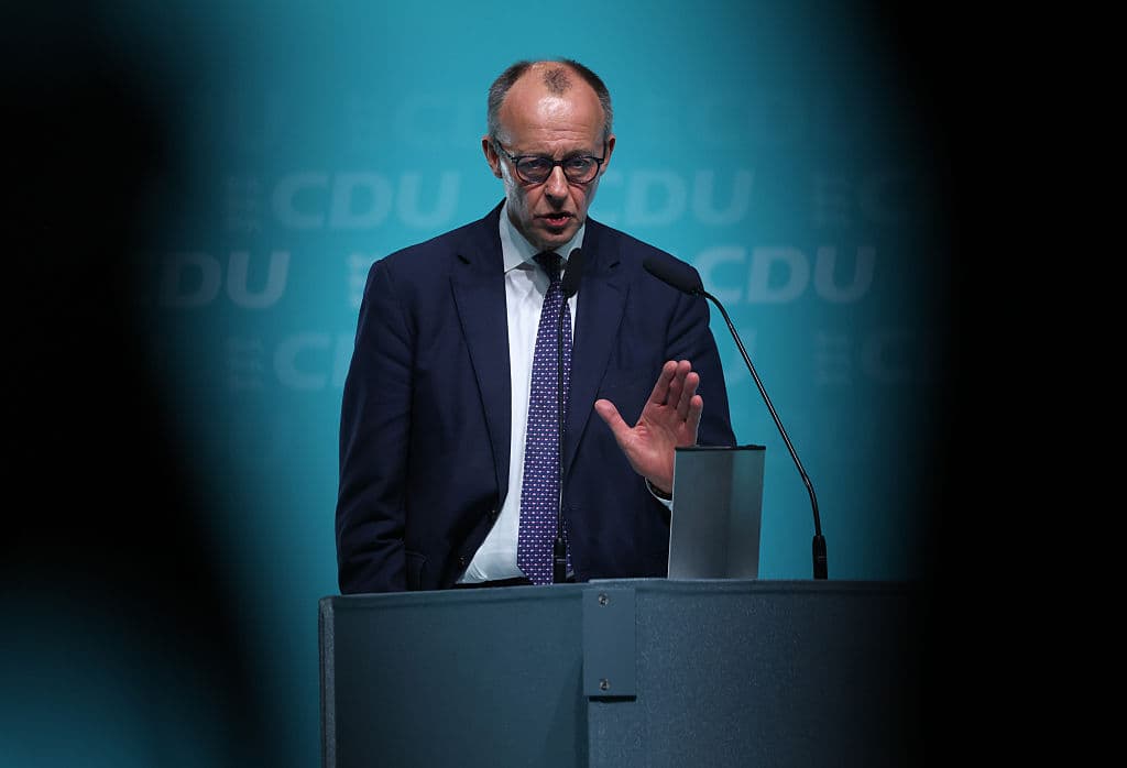 Chancellor and leader of the German Christian Democrats (CDU) Friedrich Merz speaks at Ravenburg, Germany. Chancellor and leader of the German Christian Democrats (CDU) Friedrich Merz speaks at Ravenburg, Germany.