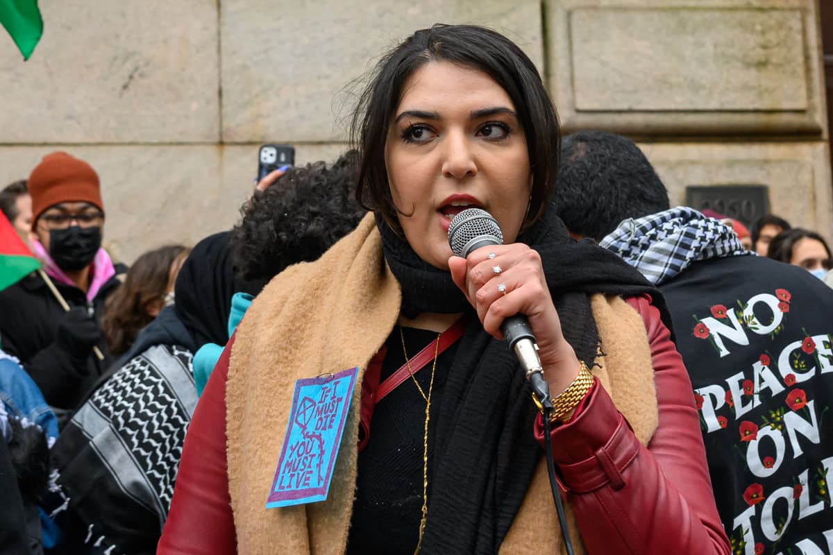 Alexi J. Rosenfeld/Getty Images Nerdeen Kiswani, co-founder and leader of Within Our Lifetime, speaks at a demonstration near Columbia University at New York City on February 2, 2024.