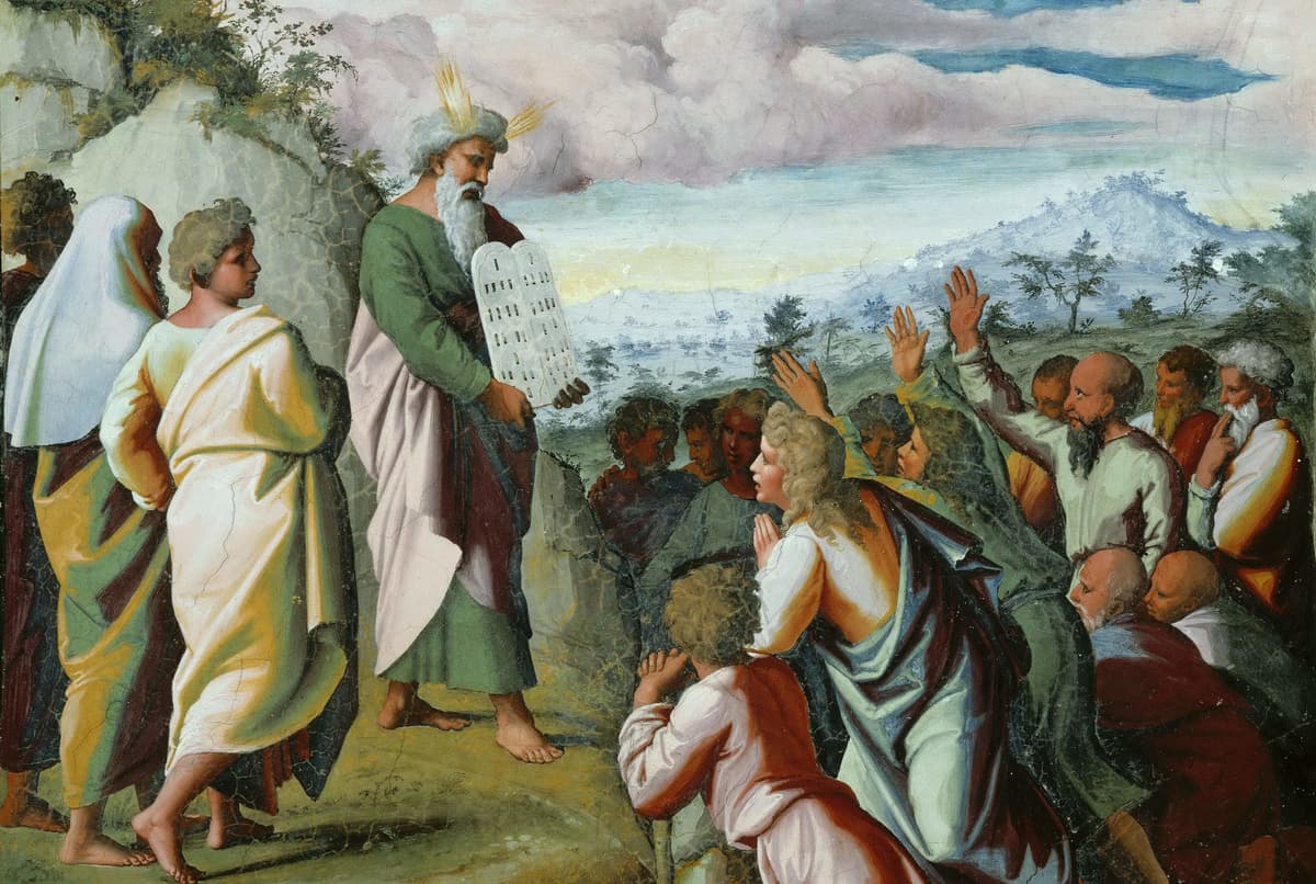 Via Wikimedia Commons Raphael's depiction of Moses presenting the Ten Commandments, a detail of a fresco in the Vatican loggias.