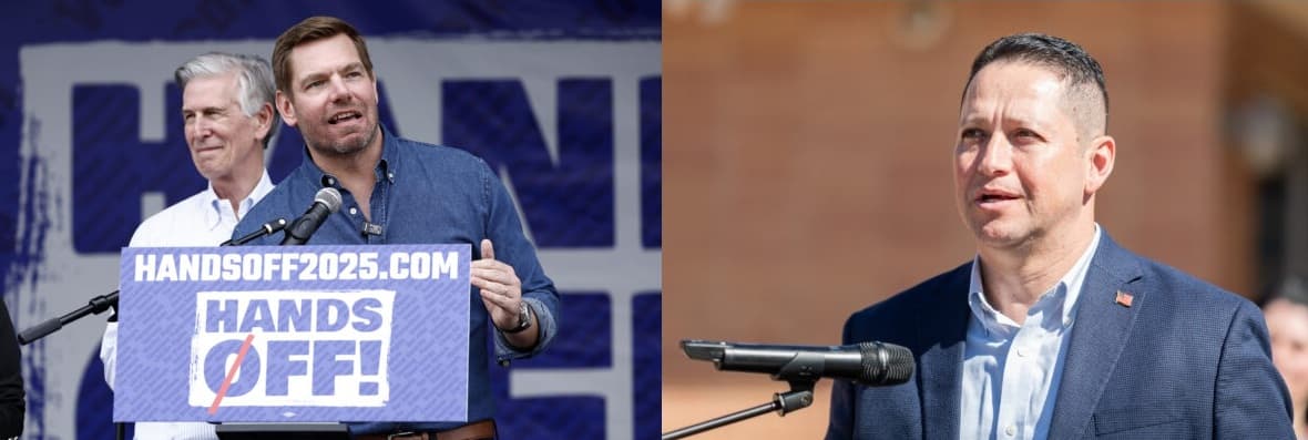 Representatives Eric Swalwell, a Democrat, left, and Tony Gonzales, a Republican, right, are facing calls from colleagues to step down or be removed from the House.