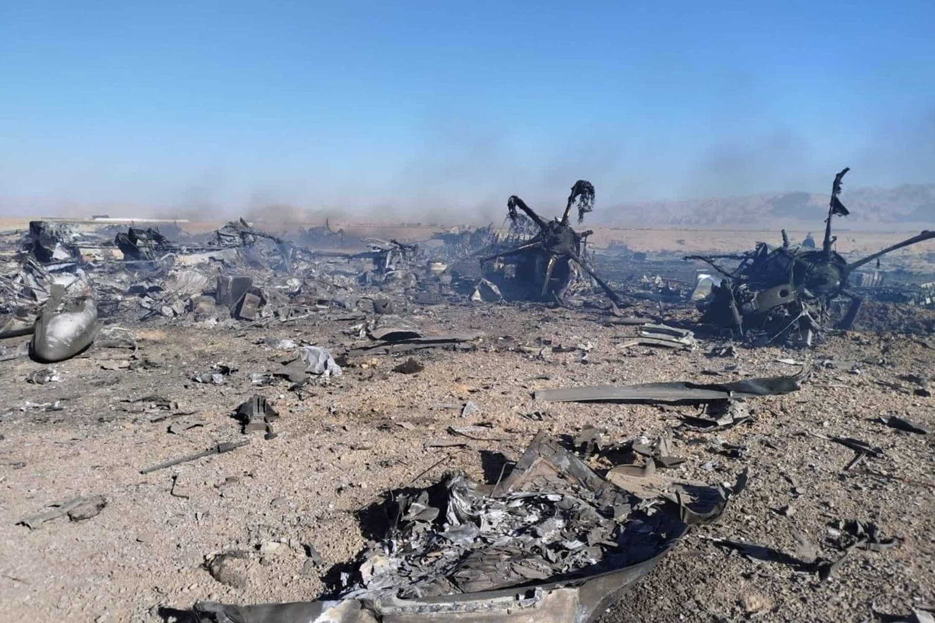 Sepahnews via AP Wreckage at what Iran's state TV claimed was the site of a downed American transport plane and two helicopters involved in a rescue operation, in Isfahan province, Iran, April, 2026.