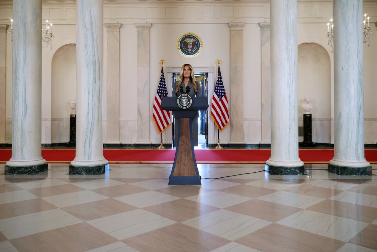 Alex Wong/Getty Images First lady Melania Trump delivers a statement about Jeffrey Epstein Thursday.