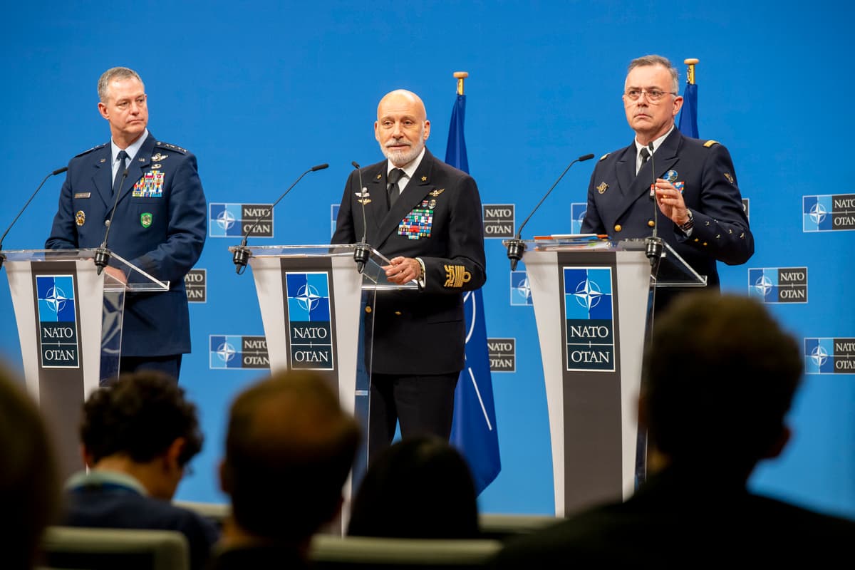 NATO.int From left, Supreme Allied Commander Europe,
General Alexus G. Grynkewich; Chair of the NATO Military Committee, Admiral Giuseppe Cavo Dragone; and Supreme Allied Commander Transformation,
Admiral Pierre Vandier speak at a joint press conference at Brussels on May 19, 2026, after a joint chiefs of defense summit.