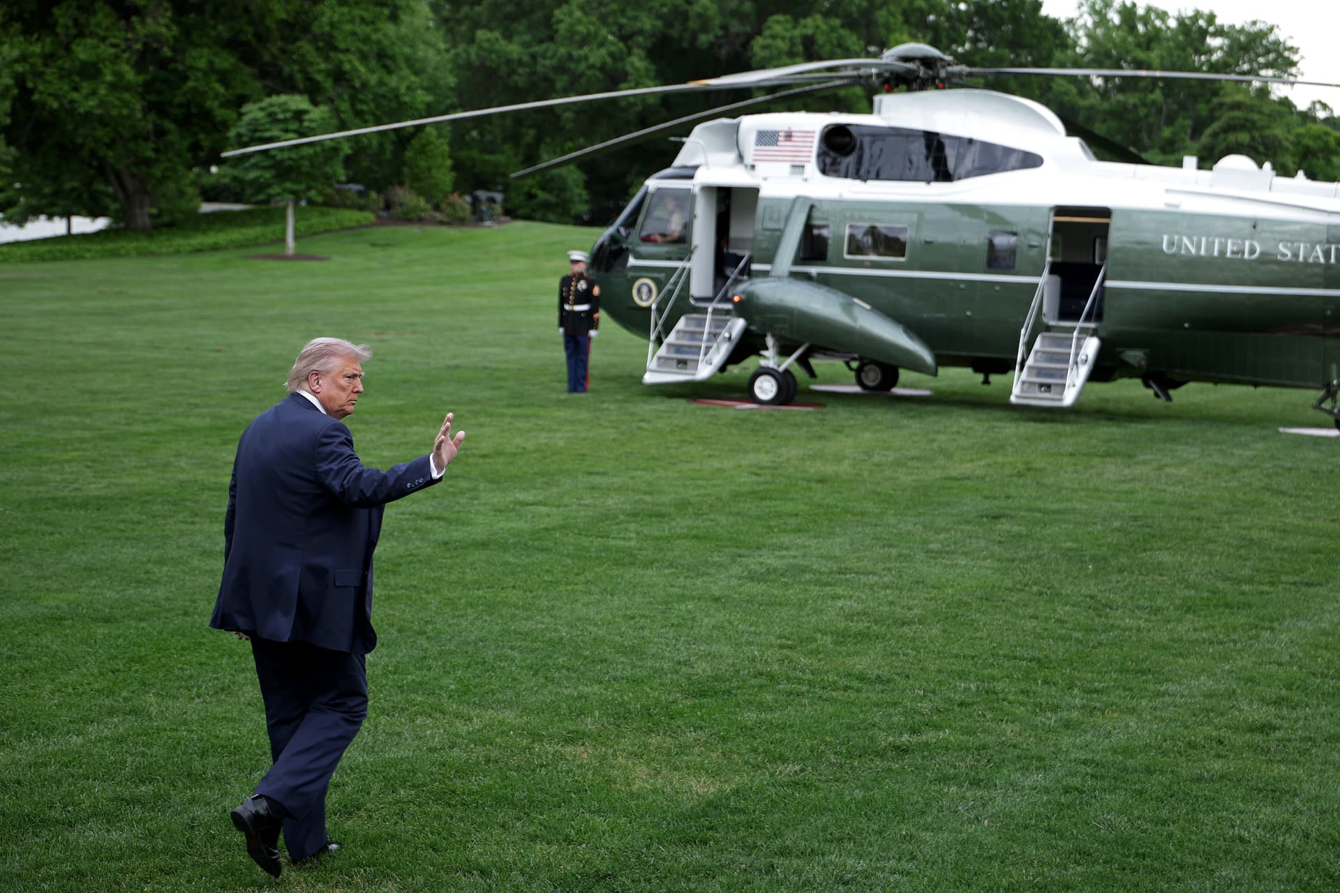 Alex Wong/Getty Images President Trump walks towards Marine One for a departure from the White House on May 8, 2026.