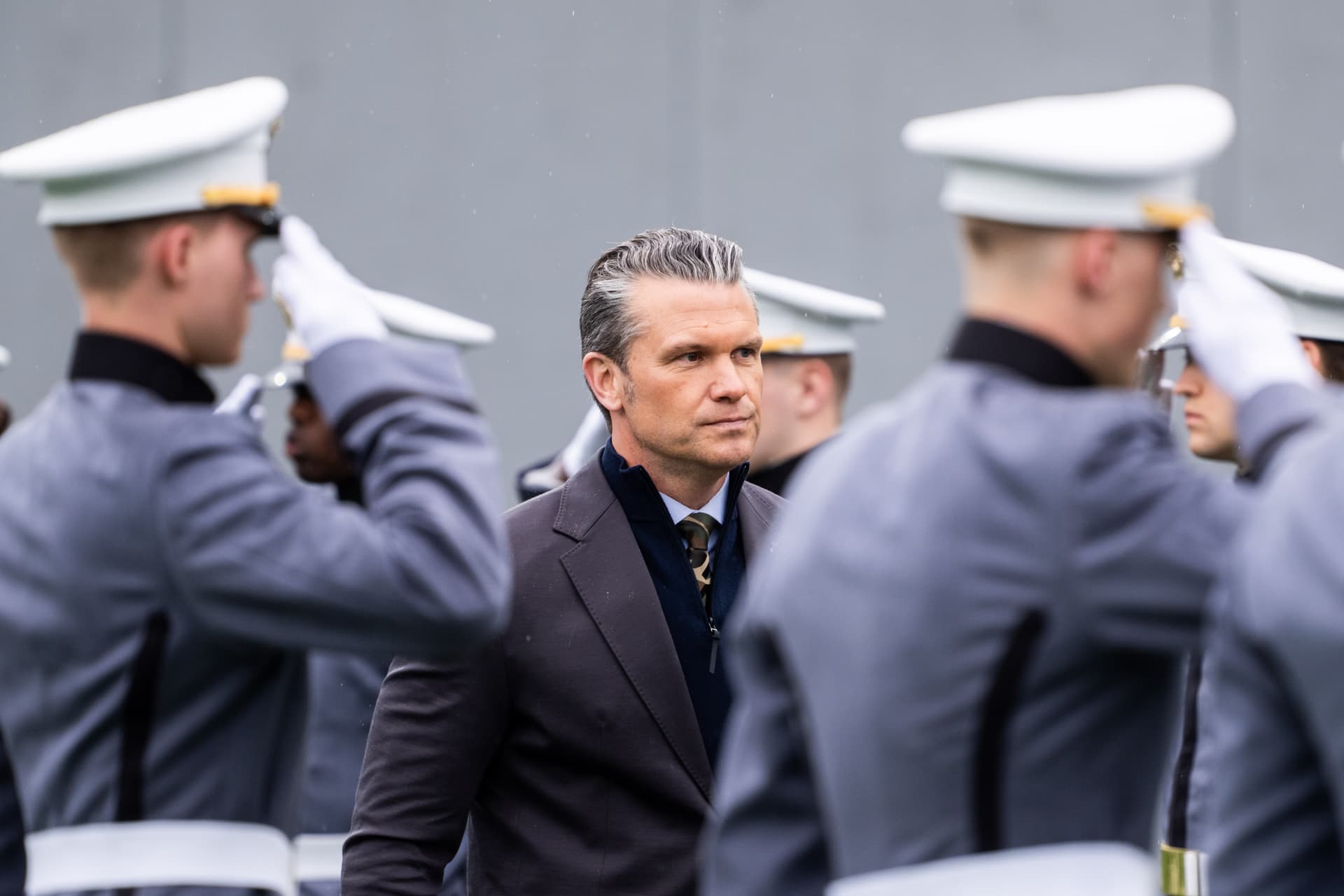 Adam Gray/Getty Images The secretary of defense, Pete Hegseth, arrives at the United States Military Academy for a commencement ceremony at West Point, New York, on May 23, 2026.