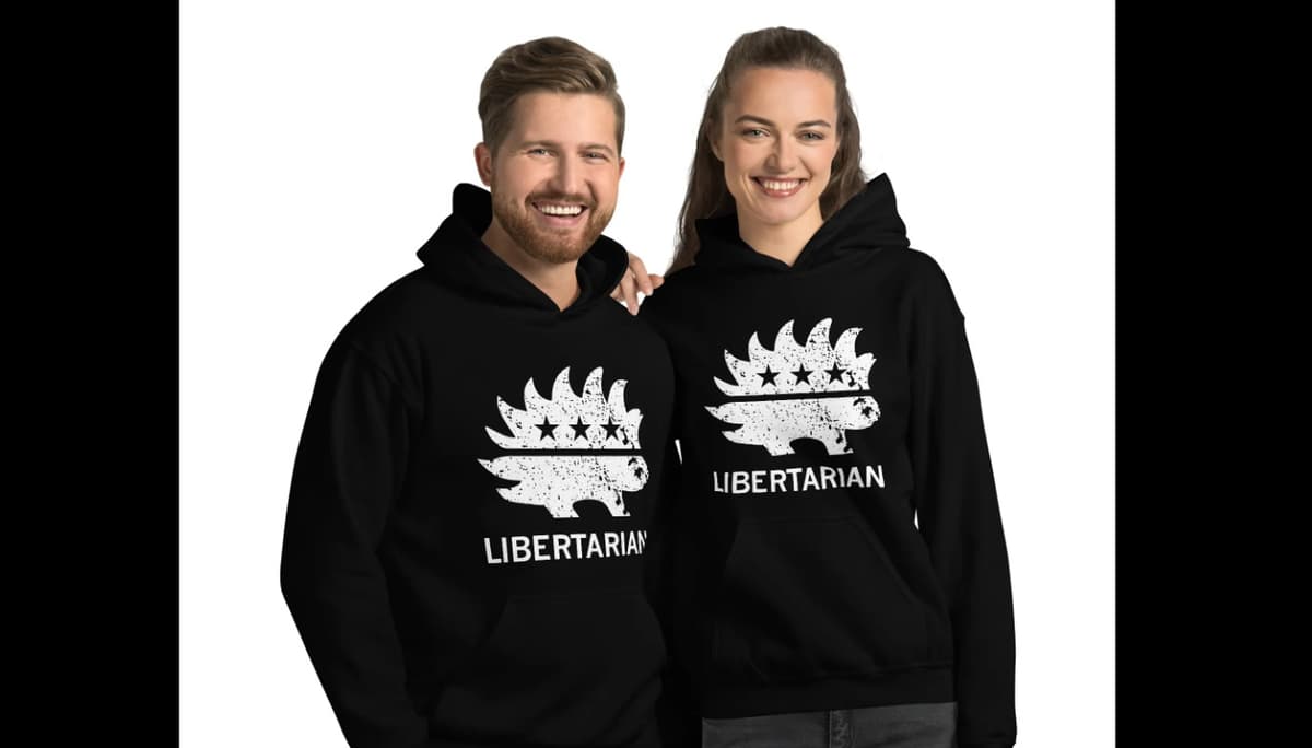 lp.shop.org The Libertarian Party sells its own clothing line on its website, including this hoodie featuring the party mascot, a porcupine, though just one polo shirt for men.