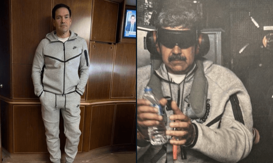 Via X Secretary of State Marco Rubio seen wearing what is being called a 'Maduro tracksuit' on Air Force One.