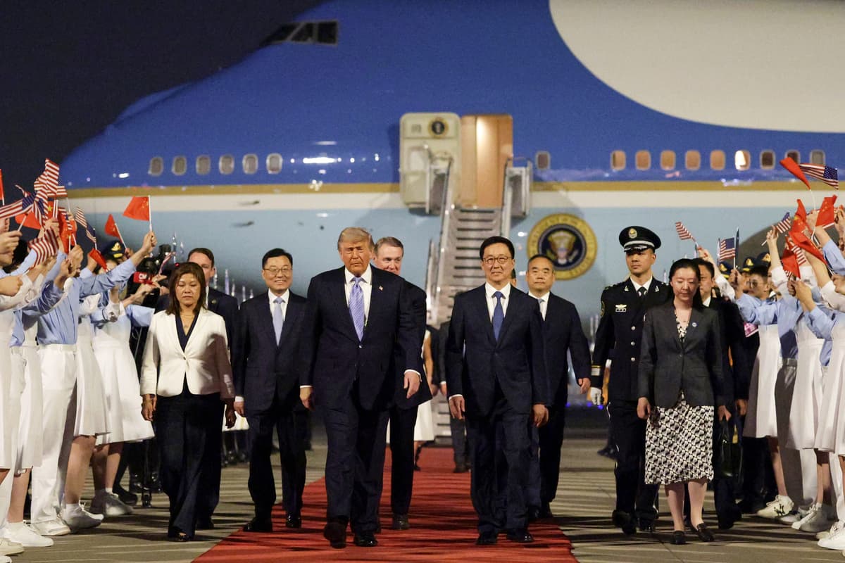 Alex Wong/Getty Images President Trump is joined by China's Executive Vice Minister of Foreign Affairs Ma Zhaoxu, U.S. Ambassador to China David Perdue, Vice President of China Han Zheng and Chinese Ambassador to the U.S. Xie Feng as he arrives at Beijing Capital International Airport on May 13, 2026.