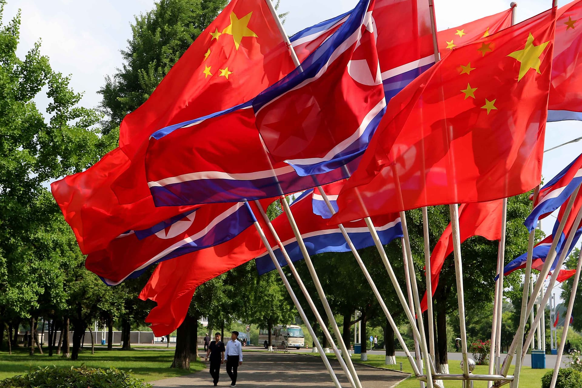 AP Photo/Jon Chol Jin A street is decorated with the flags of China and North Korea at Pyongyang, on June 8, 2026.