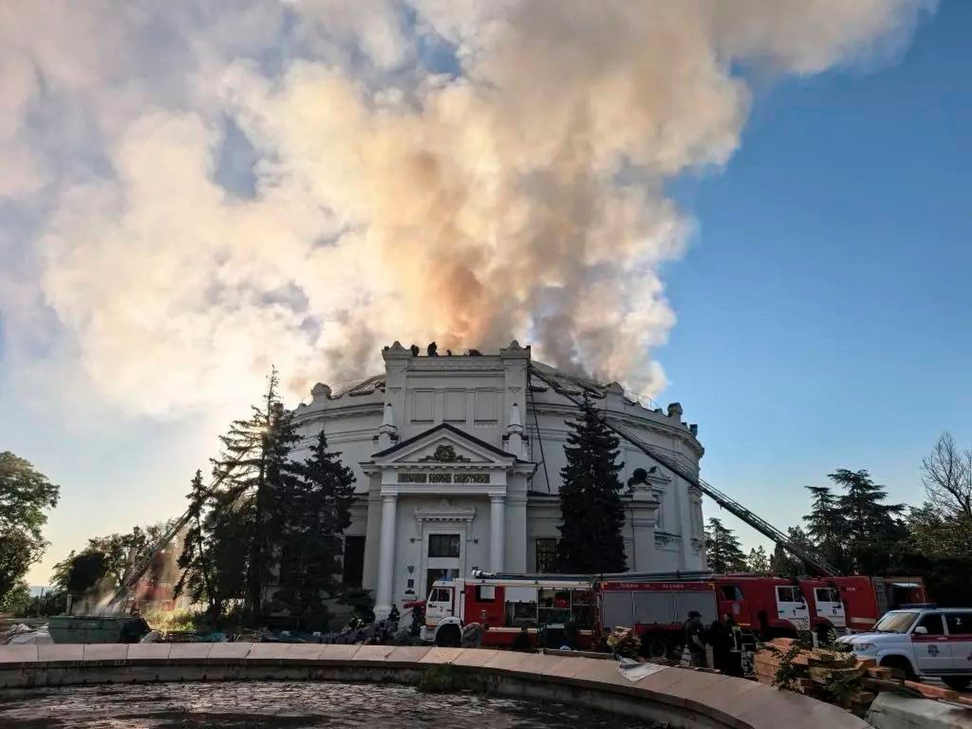 Mayor Mikhail Razvozhaev of Sevastopol on Telegram via AP In Russia-occupied Crimea, a Ukrainian drone hit the building housing a huge panorama painting depicting the defense of the city during the 19th century Crimean War. The Kremlin-appointed head of Sevastopol, Mikhail Razvozhayev, said the painting by artist Franz Rubo was effectively destroyed.