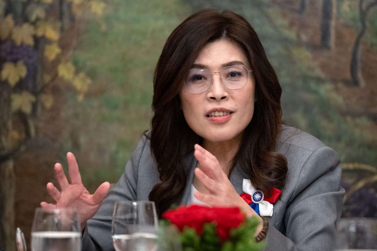 Mark Schiefelbein/AP The leader of the Republic of China’s opposition party, Cheng Li-wun, speaks with reporters at Washington, D.C., on June 12, 2026.