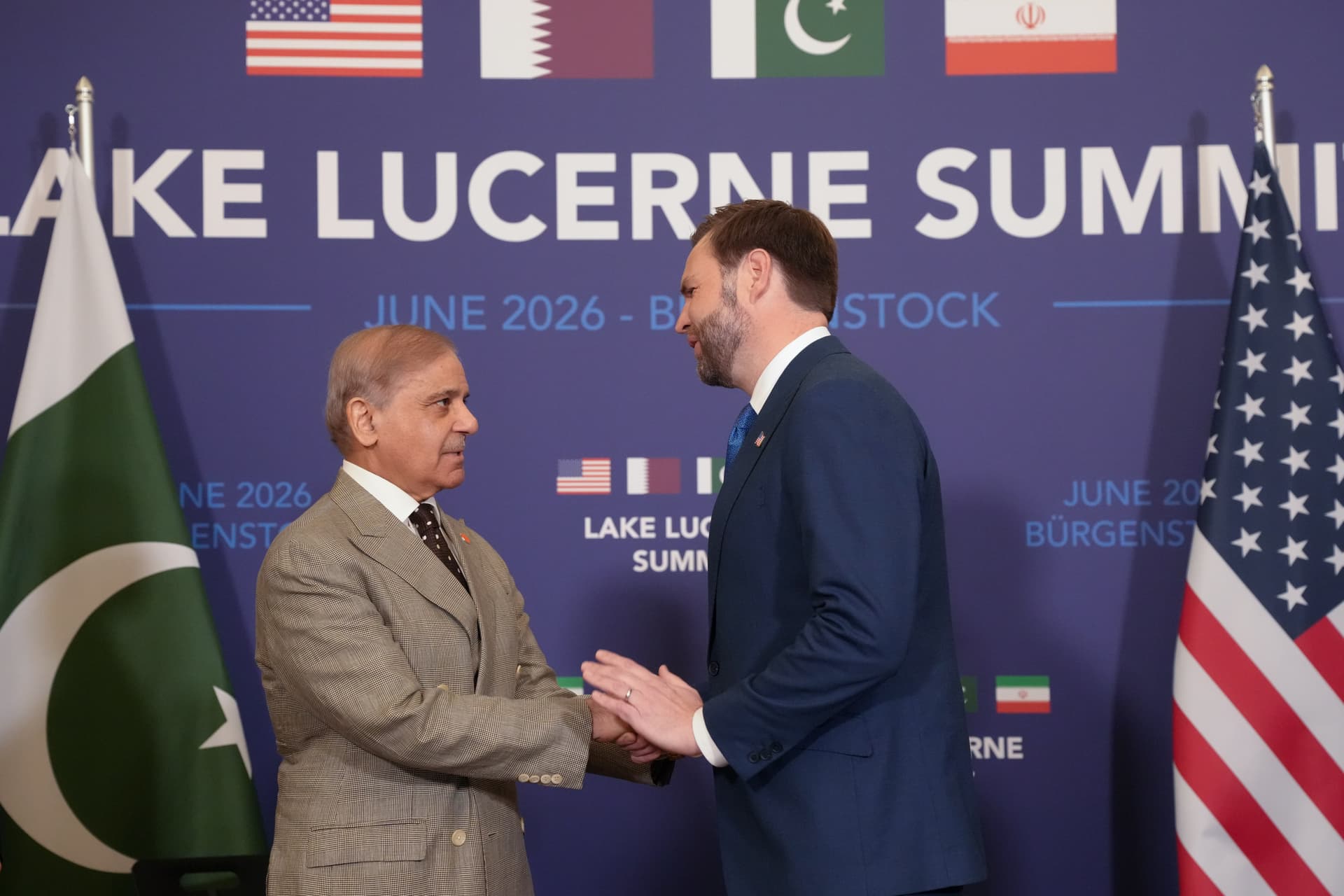 Nathan Howard/Pool Photo via AP Vice President Vance meets with Prime Minister Shehbaz Sharif of Pakistan at the Bürgenstock Resort at Obbuergen, near Lucerne, in Switzerland on June 21, 2026.