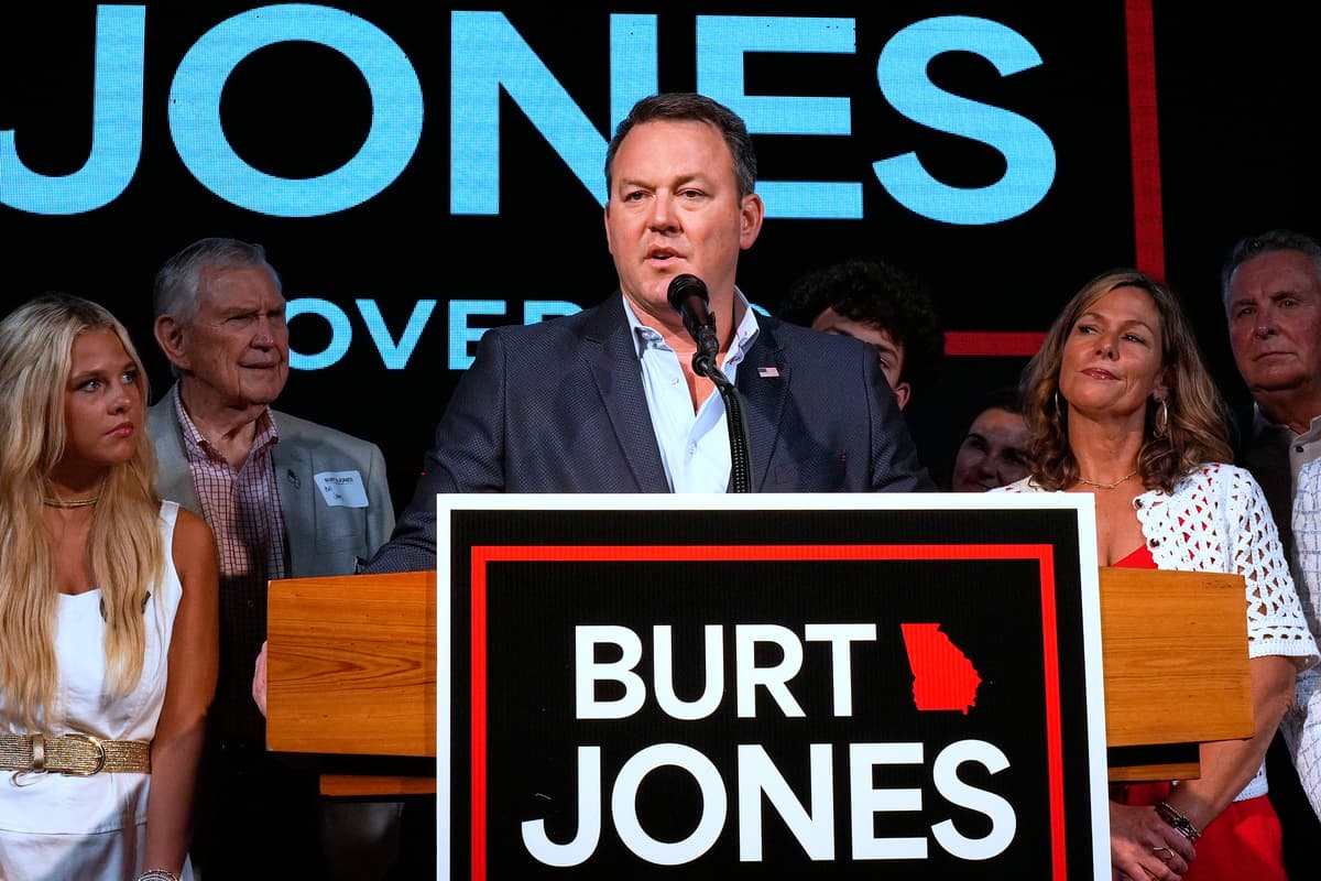 AP/Mike Stewart Republican gubernatorial candidate Burt Jones gives his concession speech after a runoff election during his election night watch party, June 16, 2026.