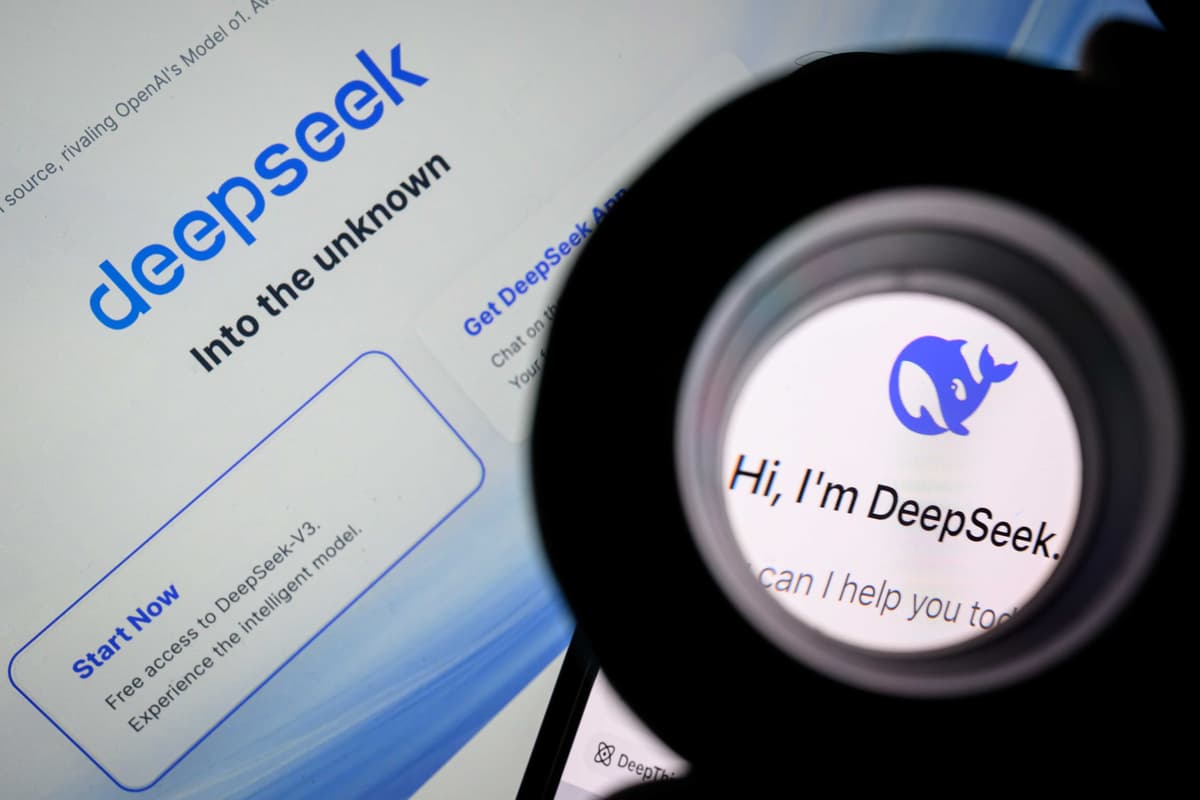 Leon Neal/Getty Images In this photo illustration, the Deepseek logo is seen through a magnifying loupe while displayed on a mobile phone screen at London, England, on January 29, 2025.