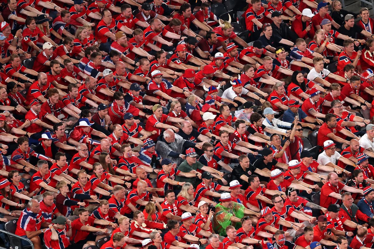 Justin Setterfield/Getty Images Norway fans row in unison Viking-style to cheer on their nation’s World Cup soccer team at New York New Jersey Stadium on June 22, 2026.