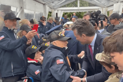 Department of Defense via X Defense Secretary Pete Hegseth greets aging World War II veterans during ceremonies in Normandy, France, marking the anniversary of the 1944 D-Day invasion.