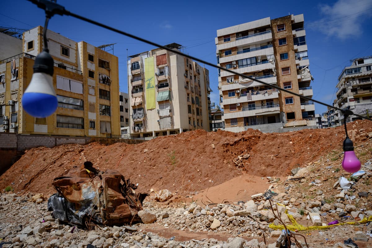 Scott Peterson/Getty Images A crater with crushed cars and colored lights is seen on April 29, 2026, at the site in Beirut where the Hezbollah leader, Sheikh Hassan Nasrallah, died in an Israeli air strike on September 27, 2024.