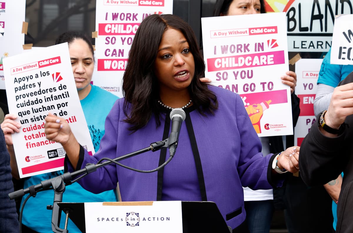 Paul Morigi/Getty Images The front-running candidate for mayor of Washington, D.C., Janeese Lewis George, takes part in a rally to demand funding for childcare subsidies on March 27, 2026.