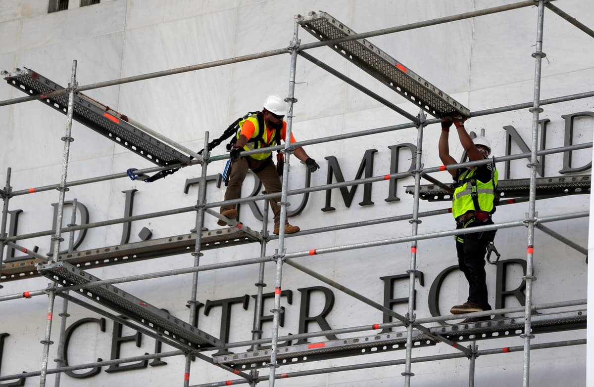 Rahmat Gul/AP Workers construct scaffolding at the sign for the John F. Kennedy Center for the Performing Arts at Washington D.C., on June 12, 2026.