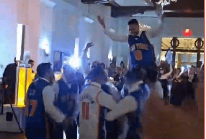 Via Tiktok Guests turn a Long Island wedding reception into a Knicks victory party after the team won Game 2 of the NBA finals on June 5, 2026.
