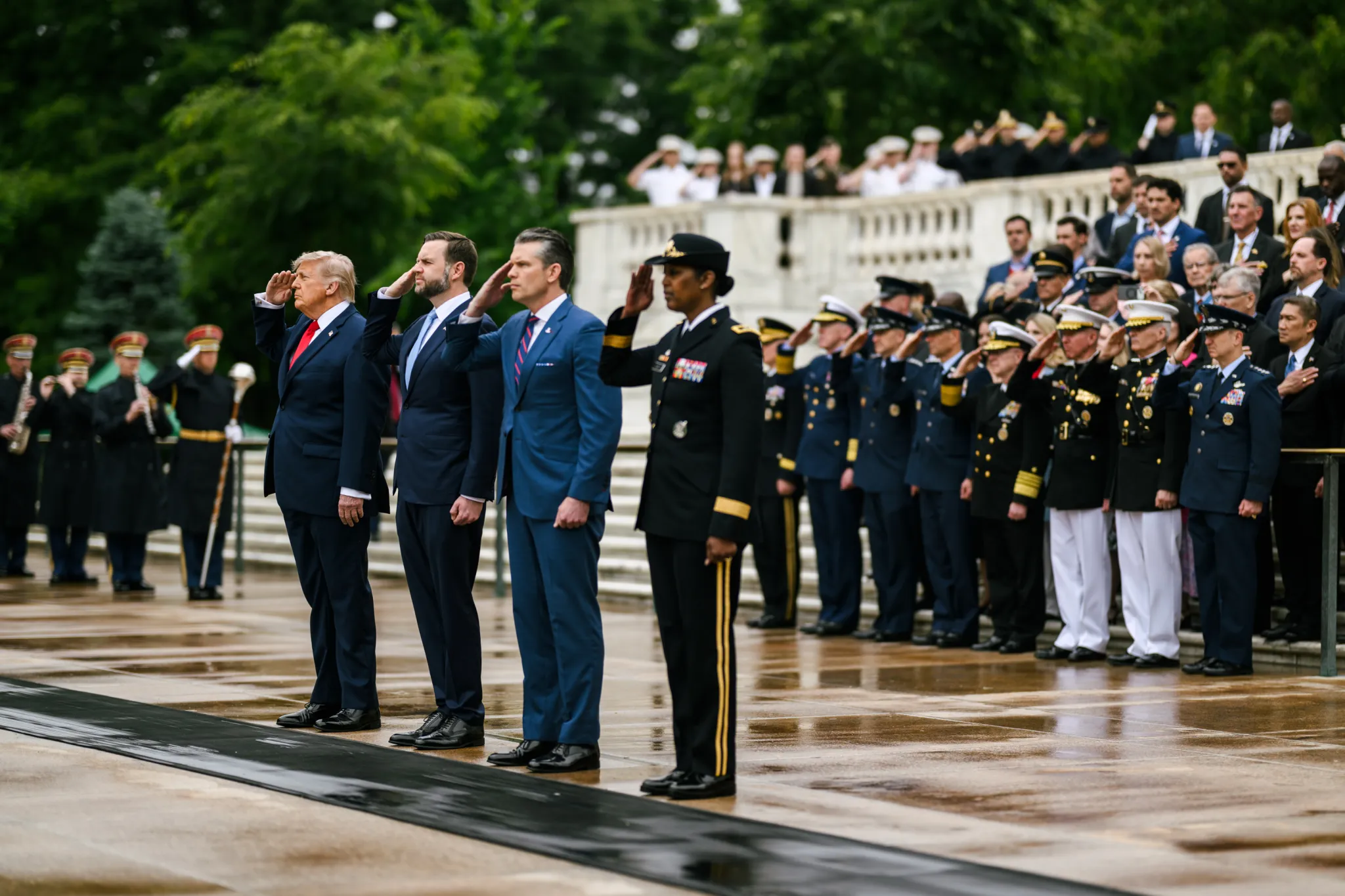 WhiteHouse.gov President Trump, Vice President Vance, Defense Secretary Pete Hegseth, and Major General Antoinette Gant of the U.S. Army attend a wreath-laying ceremony at Arlington Cemetery on May 25, 2026.