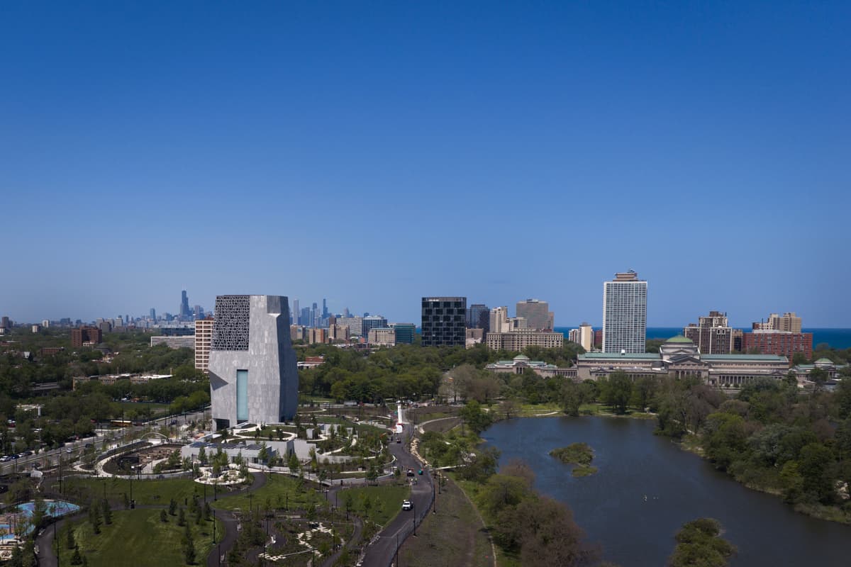 Scott Olson/Getty Images An aerial view shows the Obama Presidential Center in Jackson Park at Chicago, Illinois. on May 15, 2026.