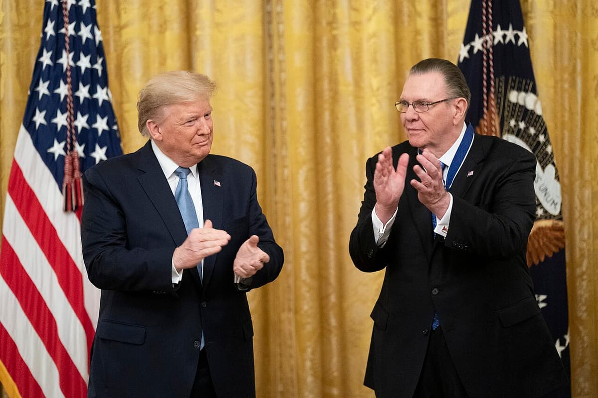Via Wikimedia Commons President Trump presents the Medal of Freedom to General Jack Keane on March 10, 2020.