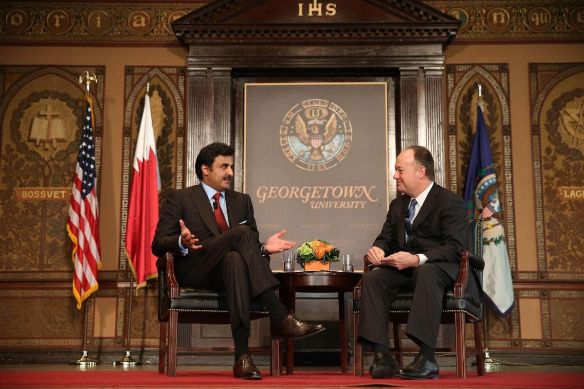 Embassy of Qatar The emir of Qatar, Sheikh Tamim bin Hamad Al Thani, talks with the president of Georgetown University on the university’s campus at Washington, D.C., on February 26, 2015.