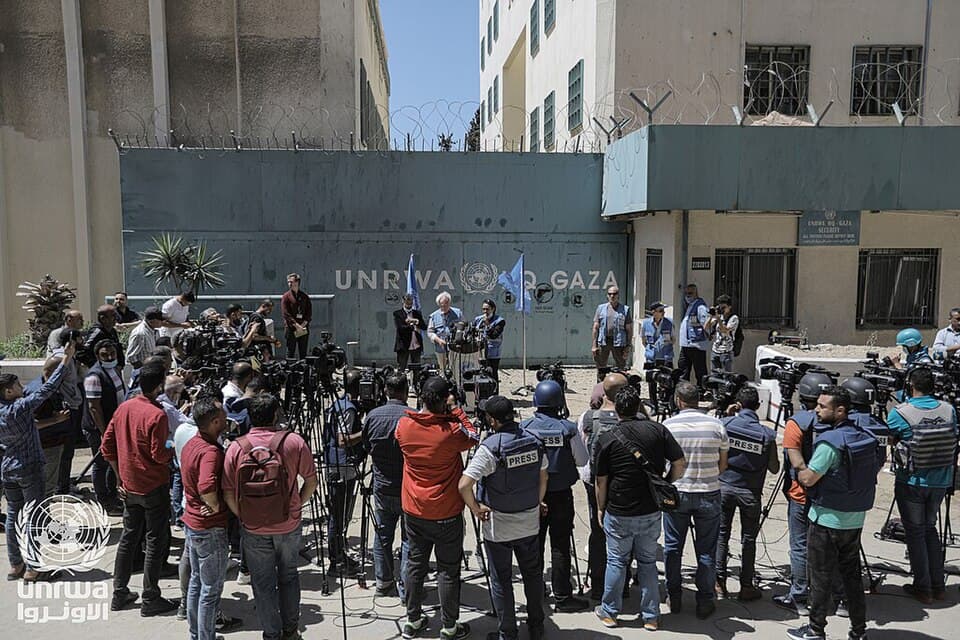 Via Wikimedia Commons The then-director of UNRWA Affairs in Gaza, Matthias Shamale, speaks to reporters at UNRWA headquarters in the Gaza Strip on May 19, 2021.