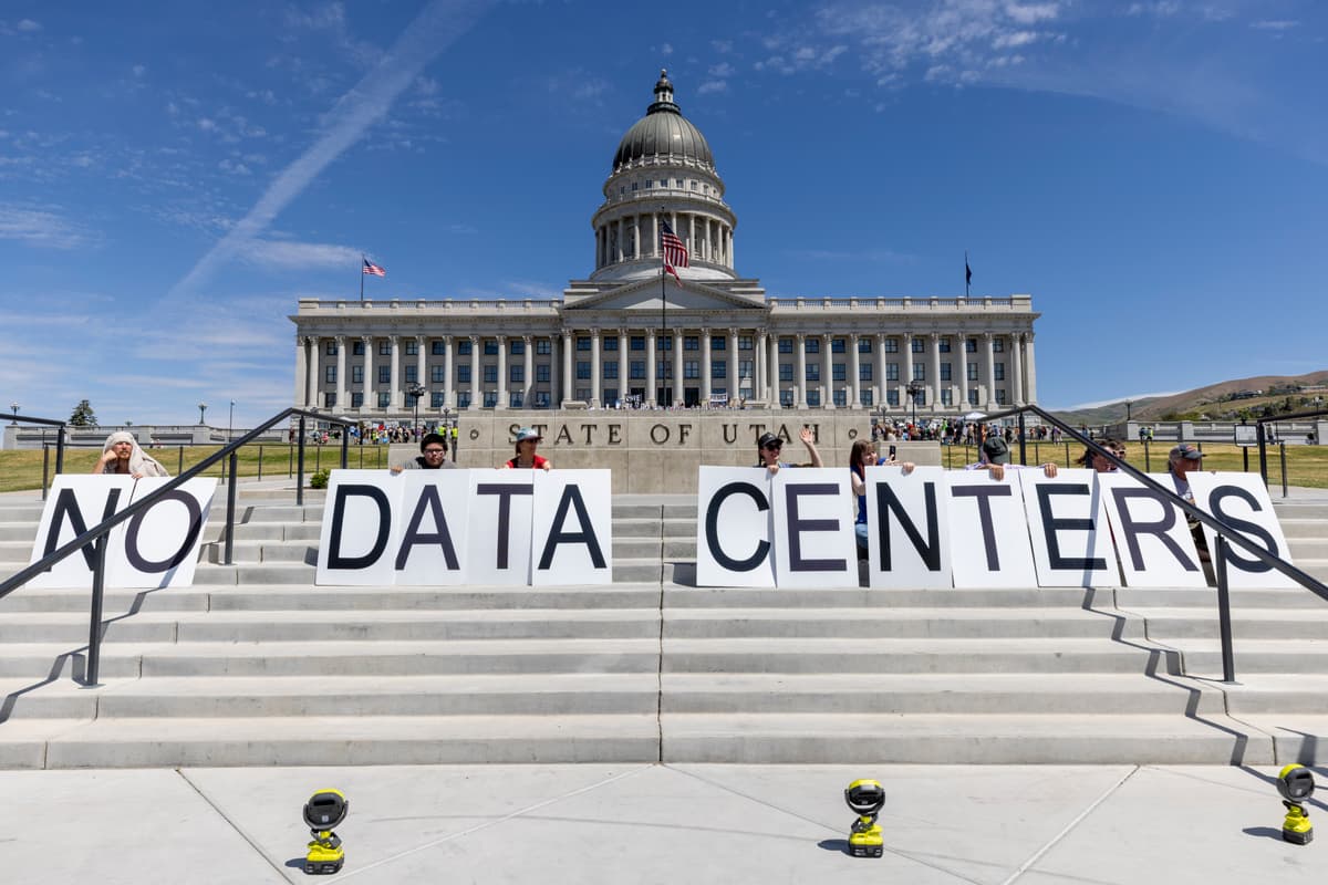 Natalie Behring/Getty Images Demonstrators take part in a protest at the Utah State Capitol to oppose the construction of the Stratos data center in Box Elder County on May 23, 2026 at Salt Lake City, Utah.