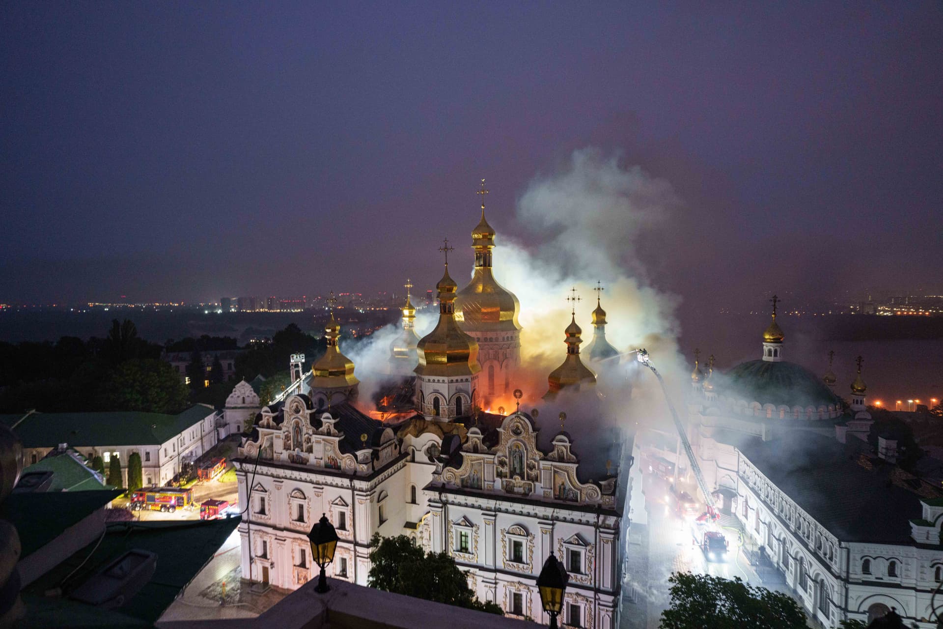 AP/Evgeniy Maloletka A fire at the Dormition Cathedral at the Monastery of Caves following a Russian strike on Kyiv, June 15, 2026.