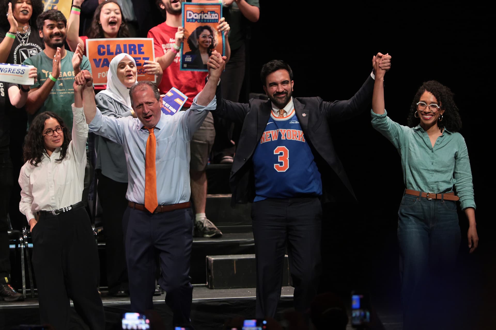 Michael M. Santiago/Getty Images Congressional candidates Claire Valdez, Brad Lander, and Darializa Avila Chevalier with Mayor Zohran Mamdani at King's Theater on June 18, 2026.