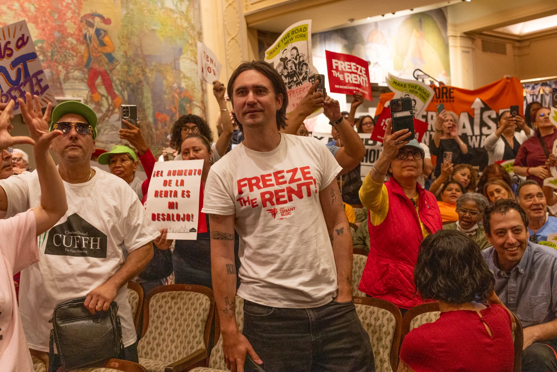 Andrew Lichtenstein/Corbis via Getty Images Activists at the hearing of the New York City Rent Guidelines Board on June 25, 2026, at East Harlem's El Museo del Barrio.