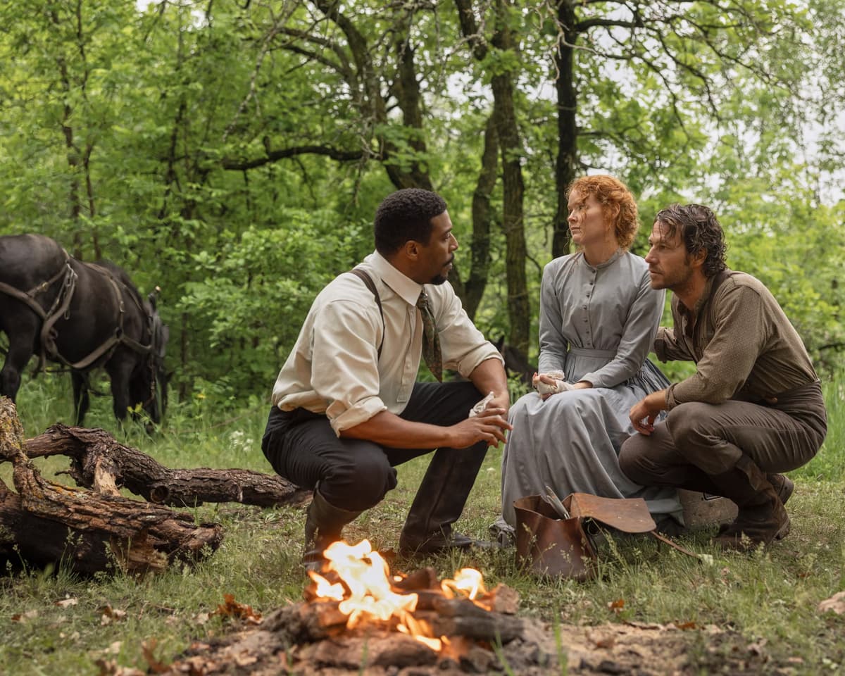 Netflix/ Eric Zachanowich Jocko Sims, Crosby Fitzgerald, and Luke Bracey in 'Little House on the Prairie.'