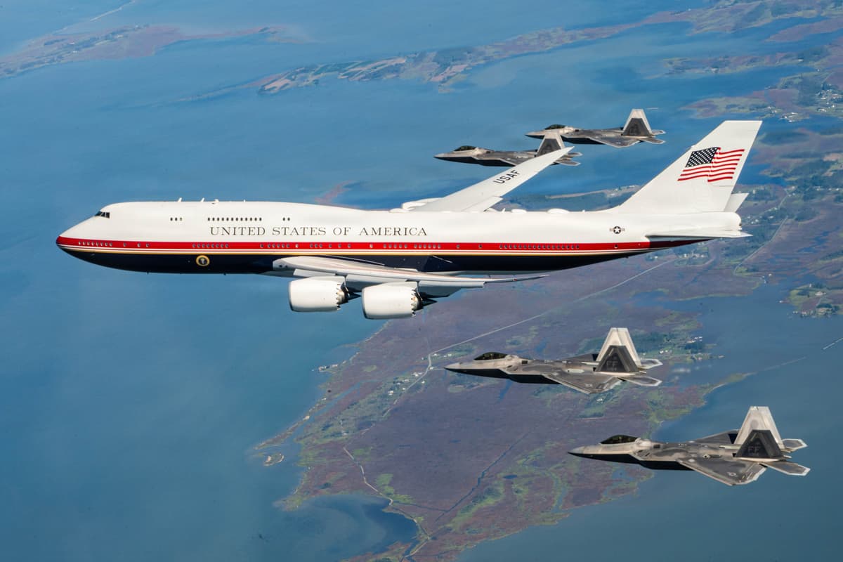 Lauren Diaz via DVIDS Four F-22 Raptors assigned to the 1st Fighter Wing at Joint Base Langley-Eustis, Virginia, fly alongside the new Air Force One over the Washington, D.C., area, June 26, 2026.
