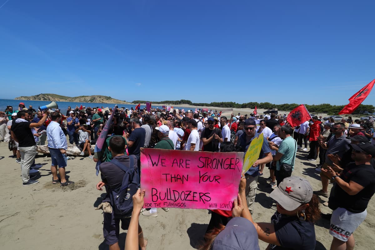 Armando Babani/Getty Images Albanian protesters demonstrate on a portion of the land designated for a luxury resort conceived and backed by President Trump’s son-in-law, Jared Kushner. on June 6, 2026.